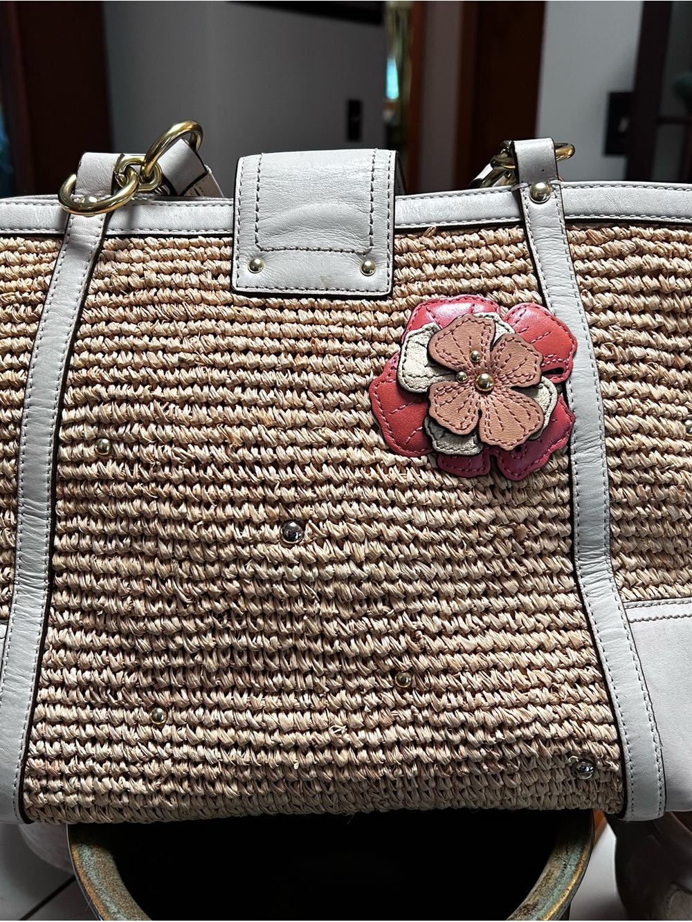 Coach Straw Tote Bag in Natural/White Leather and Flower Appliqué 19347 Hamptons - Picture 3 of 14